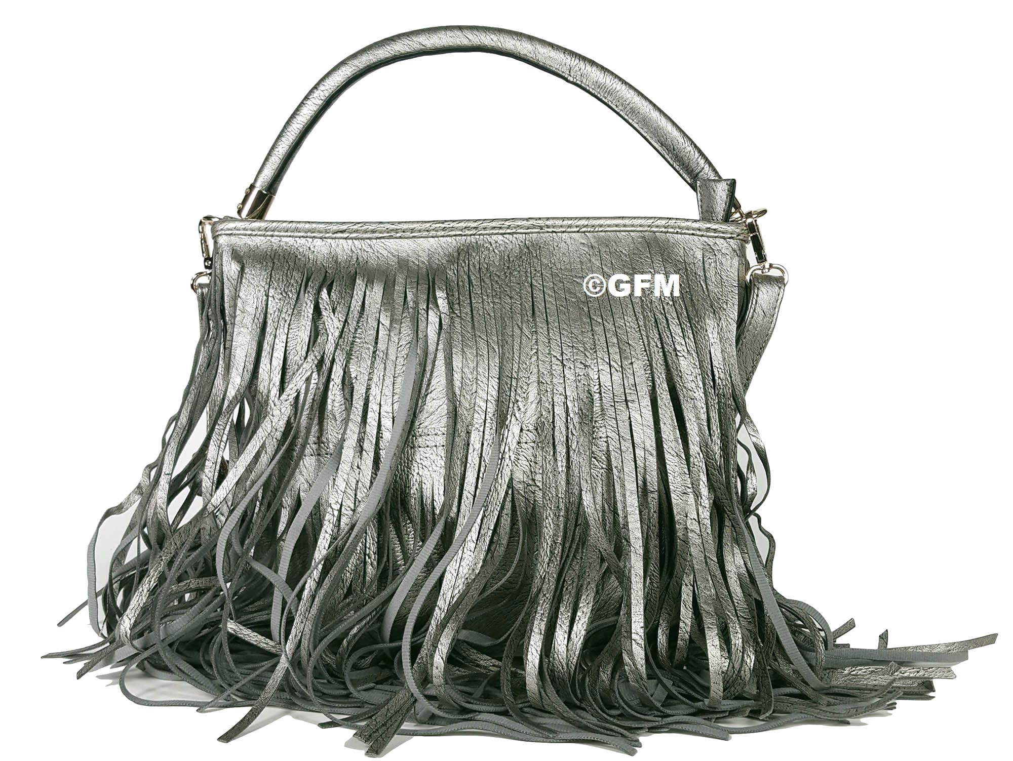 GFM Faux Leather Tassel Shoulder Bag With Soft Fringes-Shiny Pewter Silver Grey - (JY-CHBH) (F1618-CHBH)