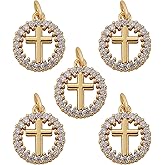 COGCHARGER 5 Pieces Round Cross Charm Pendants Brass Cubic Zirconia Pendants Real 16K Gold Plated Charm for Jewelry Necklace Bracelet Making