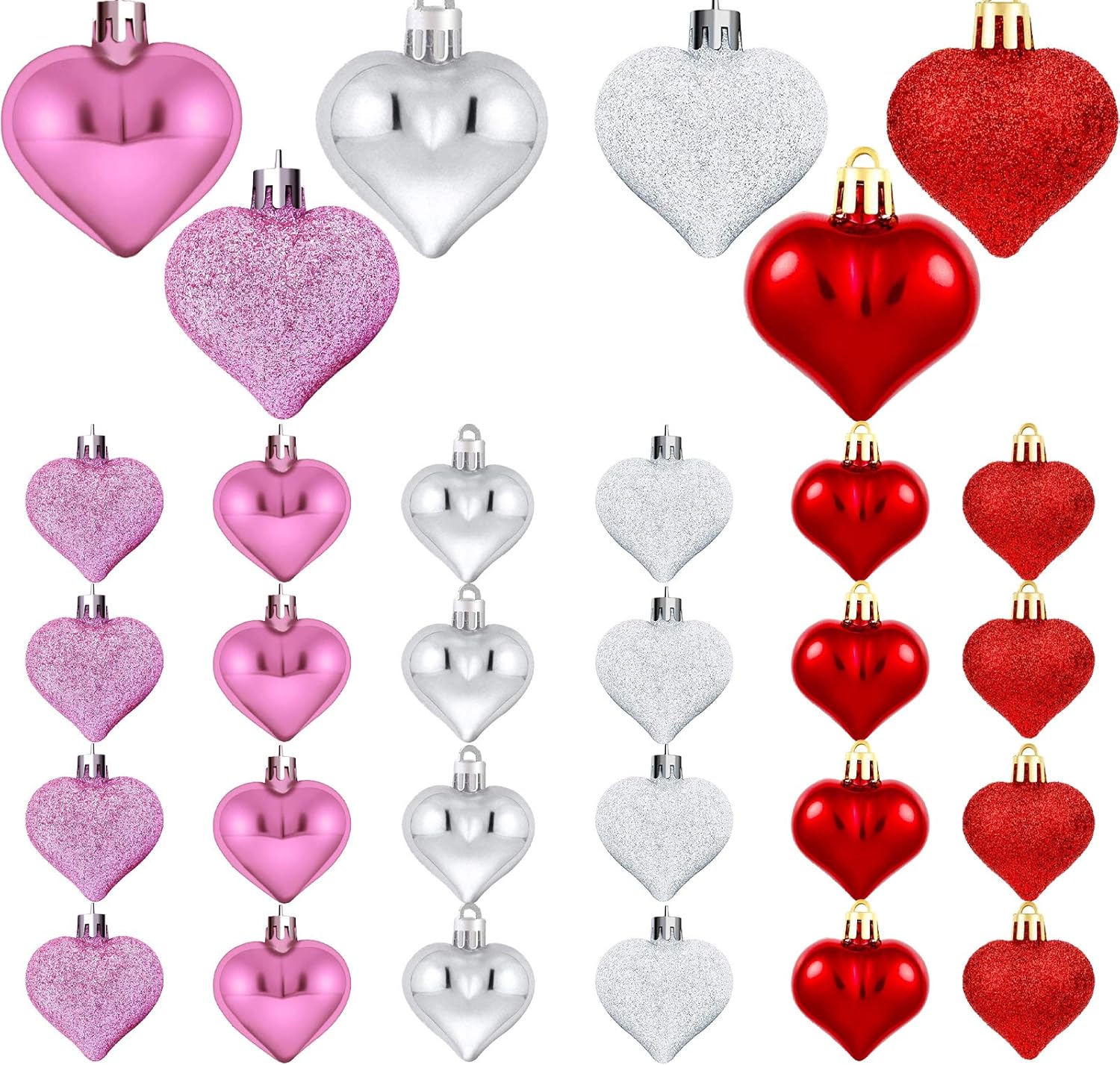 Ornaments - Emopeak Romantic Heart Ornaments for Valentine Tree, 24 Pieces Valentine's Day Heart Baubles - 2 Styles (Glossy, Glitter) 3 Color - Hanging Decorations for Home Wedding Party