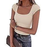 PRETTYGARDEN Womens Cap Sleeve T Shirts 2026 Square Neck Basic Tees Slim Fit Ribbed Knit Spring Going Out Tops Summer Clothes