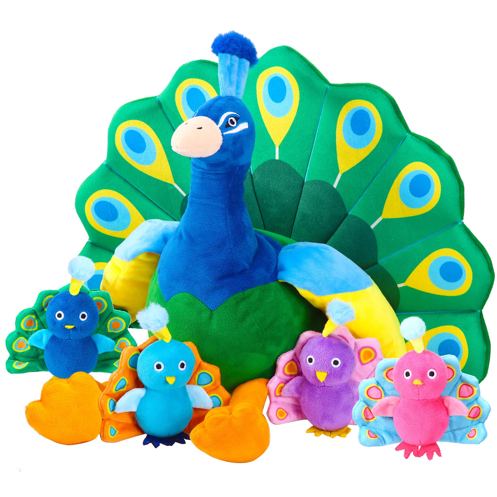 Photo 1 of Skylety 18 Inch Peacock Stuffed Animal Large Plush Toys with 4 Little Babies Inside Mommy's Belly Stuffed Peacock Cuddly Soft Plushie Toys for Birthday Gifts Zoo Party Decor