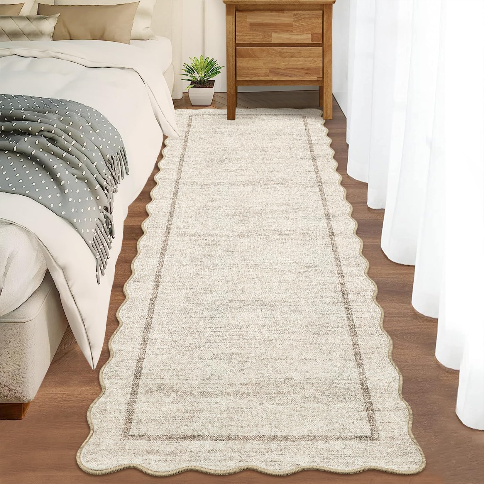 Photo 1 of GarveeHome Scalloped Washable Kitchen Runner Rug 2x8, Beige Runners for Hallway, Non Slip Boho Soft Bathroom Throw Mat Bordered Carpet Runner for Laundry Entryway Bedroom 2 ft x8 ft Beige