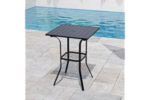 VICLLAX Outdoor Bar Table with Umbrella Hole, Tall Top Patio Furniture for Lawn Garden, Black Tabletop with Storage Shelf