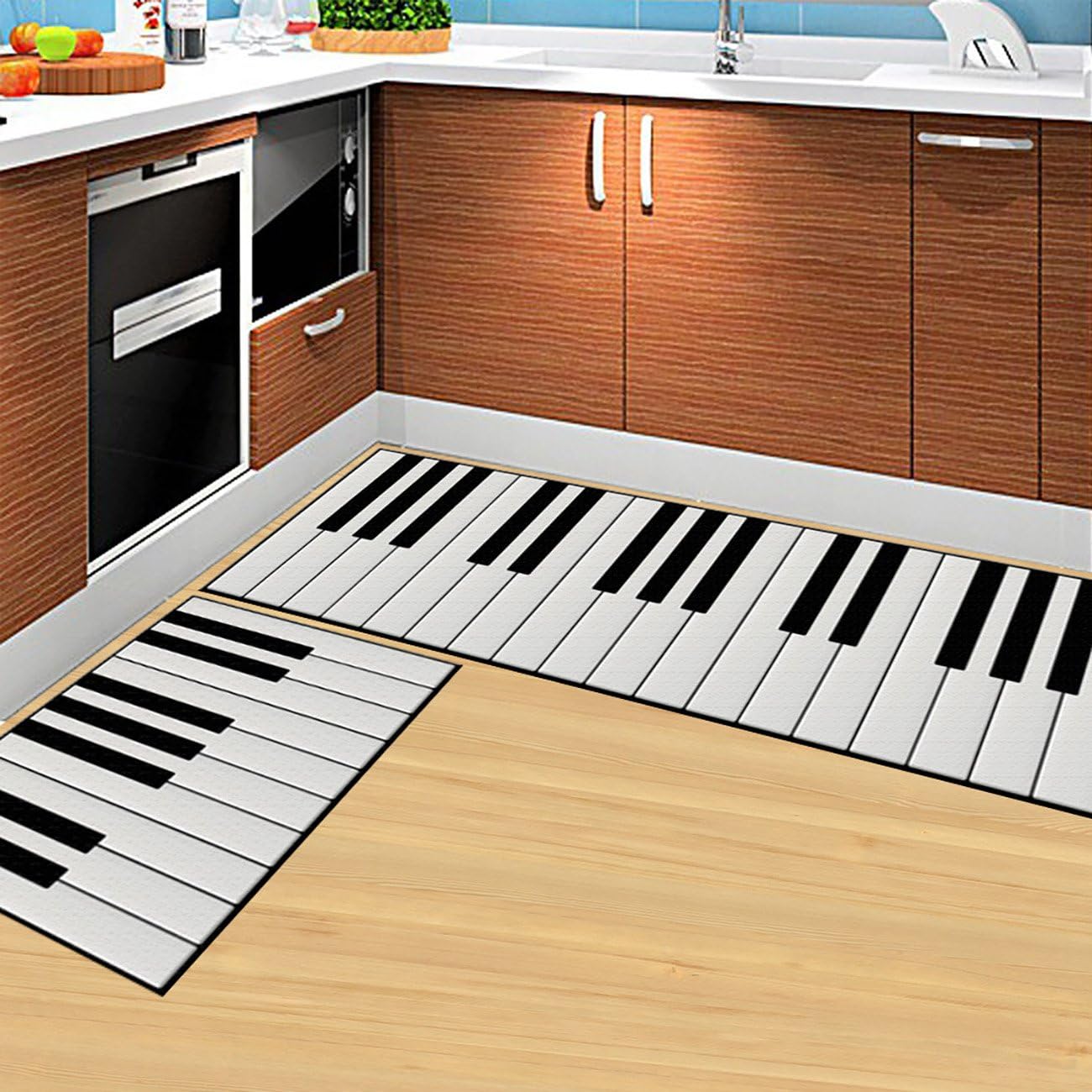 EZSTAX 2pcs set Non-Slip Absorbent Kitchen Mat Rubber Backing Doormat Runner Rug Floor Carpet, Piano Keys, 16"x24"+16"x47"
