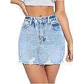 SweatyRocks Women's Casual Ripped Jean Skirt High Waist Raw Hem Mini Denim Skirts