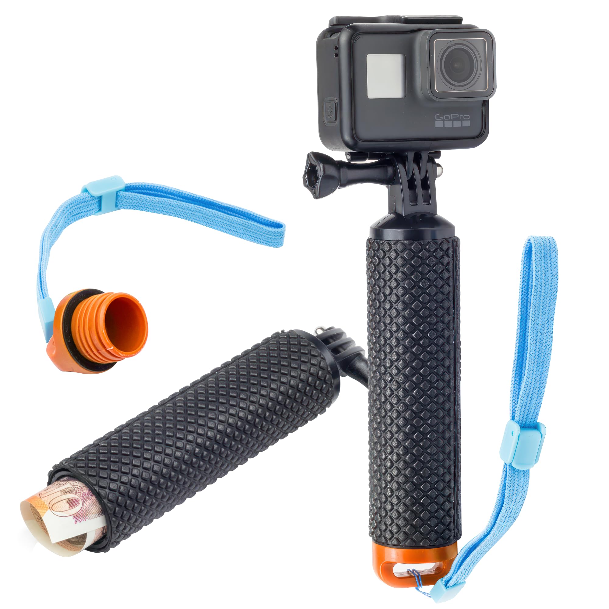 Digicharge Floating Handle Grip Mount with Hand Strap for Action Cam GoPro Lit Hero Hero13 13 Hero12 12 Max 2/ DJI Osmo Action 5/11 Mini 10 Max 9 Akaso Float, Waterproof Internal Storage, Orange