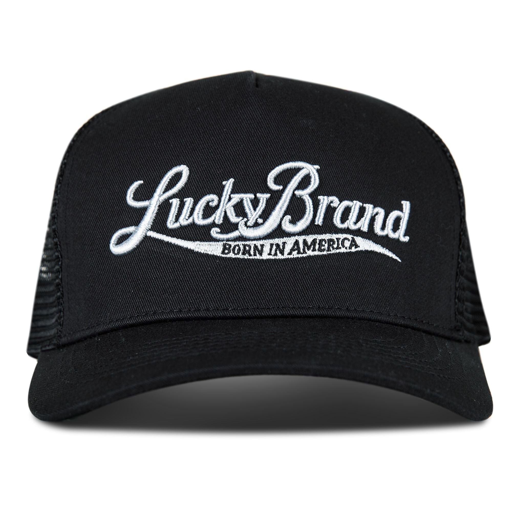 Lucky Brand Standard Trucker Mesh-Back Cap with Adjustable Snapback for Men and Women (One Size Fits Most), Born in America-Black