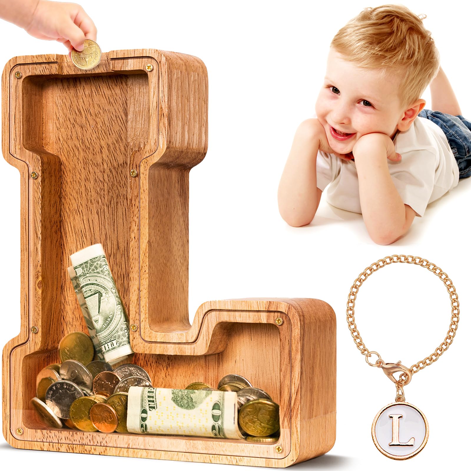SummiDate Wooden Letter Money Box for Kids, Personalised Piggy Bank for Boys Girls Toddler, Alphabet L Coin Money Bank for Birthday Children's Day Gift