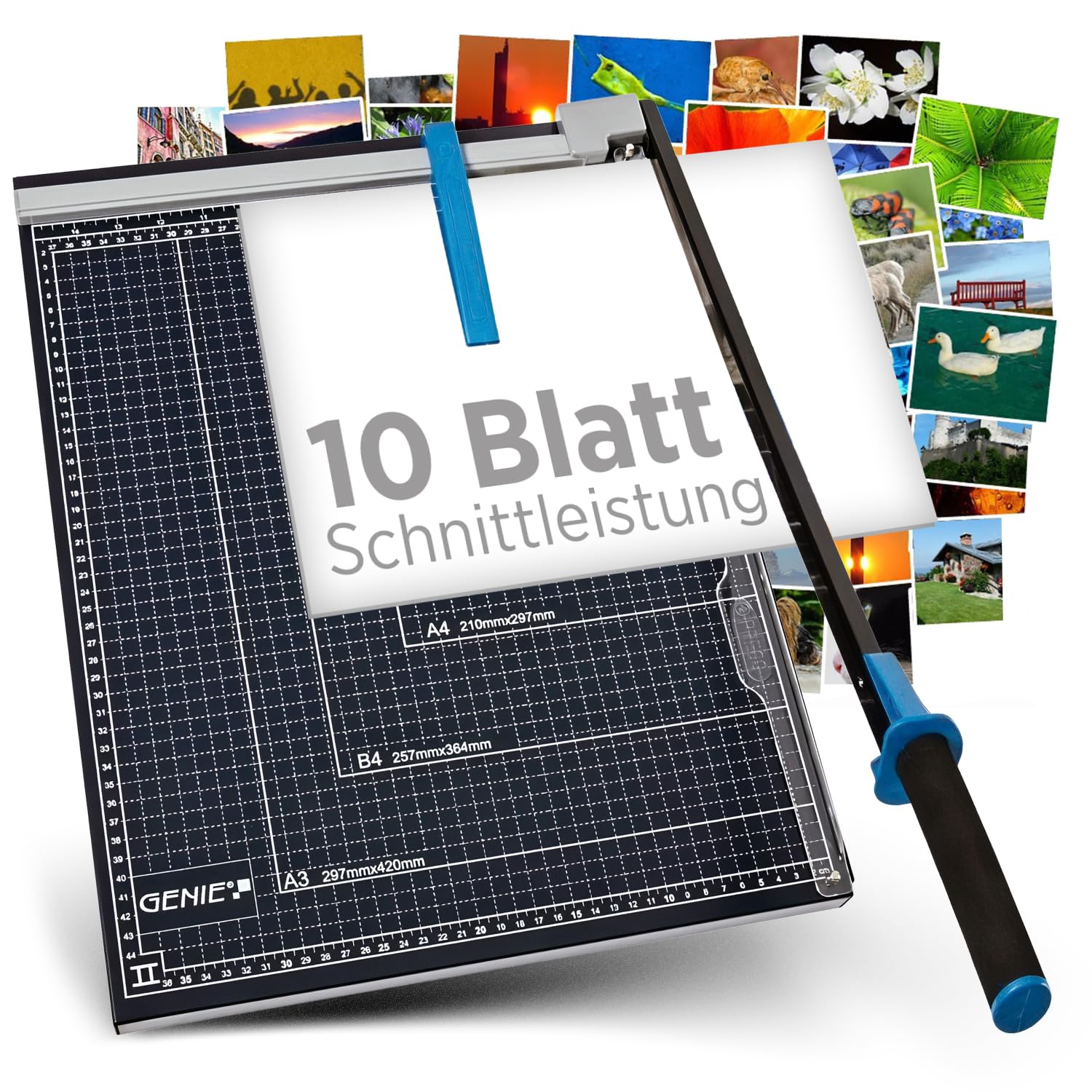 Genie GM Paper Lever Cutter (Suitable for Formats up to DIN, for Materials Such as Paper, Photos, Craft Cardboard etc., High-Quality Metal Worktop) Black/Blue for formats up to A3