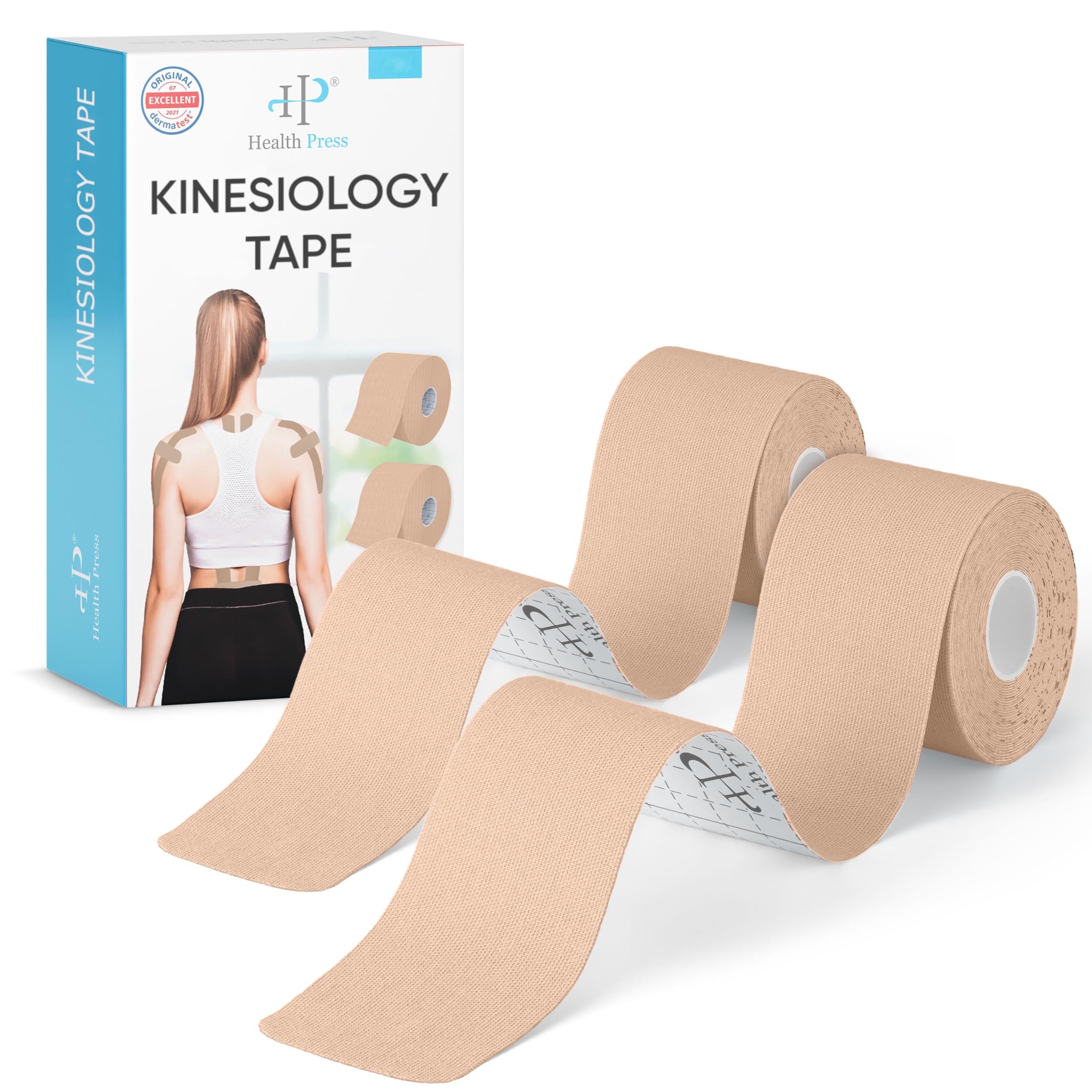 Health Press® Kinesiology Tapes – 2 Rolls (Beige) 5cm x 5m | Physio and Sports Tape | Waterproof and Elastic | Skin-Friendly Tape – Dermatologically Tested