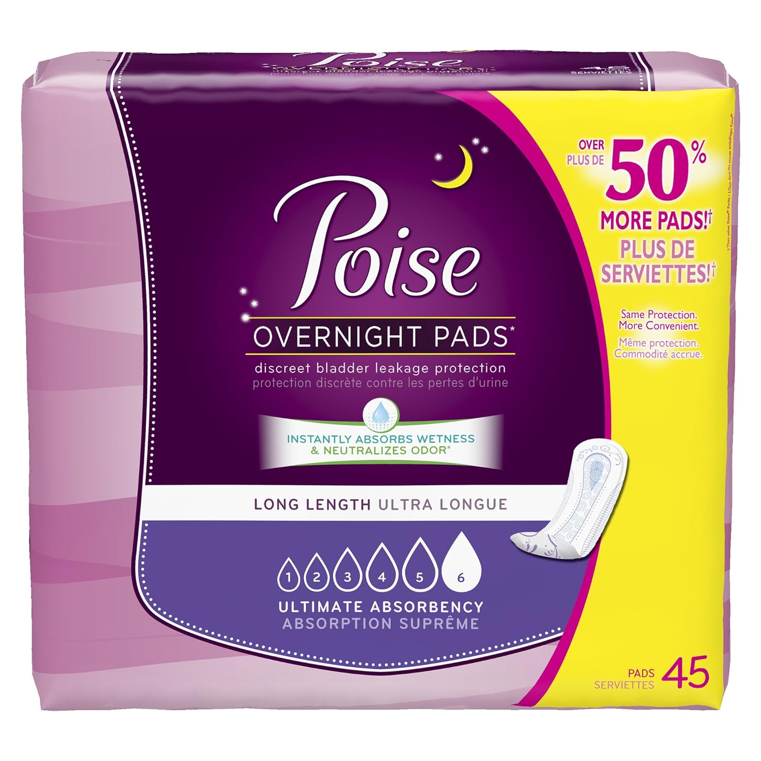 Poise Ultimate Absorbency Overnight Incontinence Pads, Long