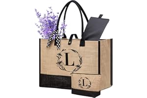 BEEGREEN Initial Beach Bag for Women with Makeup Bag, Jute Tote Bag for Beach Accessories with Inner Pocket, Embroidery Personalized Gifts for Birthday and Friend Her (Letter L)