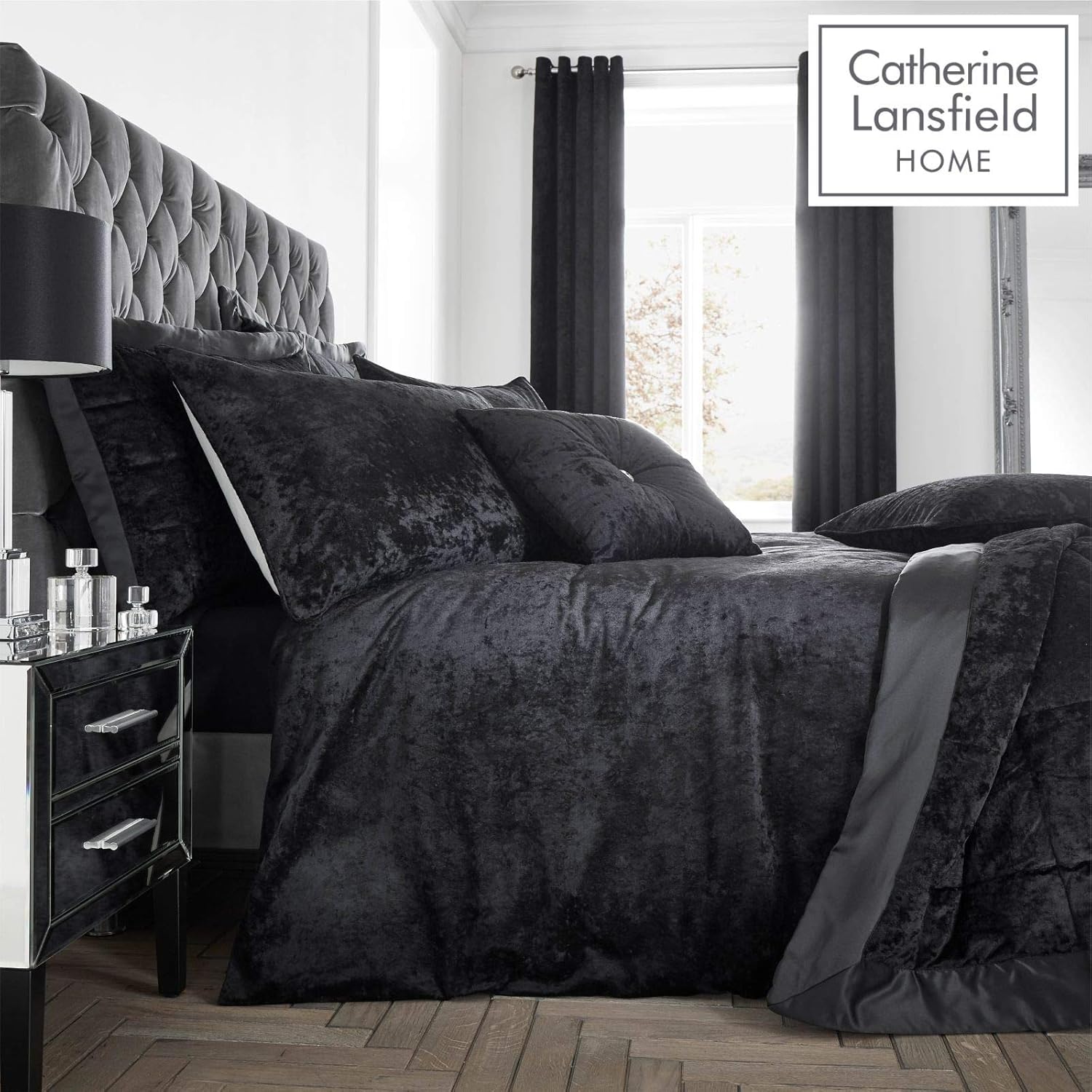 Catherine Lansfield Crushed Velvet Super King Duvet Set Black Amazon