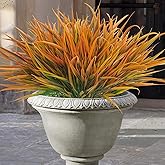 Uieke 6 Bundles Artificial Outdoor Plants UV Resistant Fake Grass Plants Faux Plastic Plants Greenery Shrubs for Home Garden Pathway Window Box Front Porch Summer Fall Decor, Autumn Orange