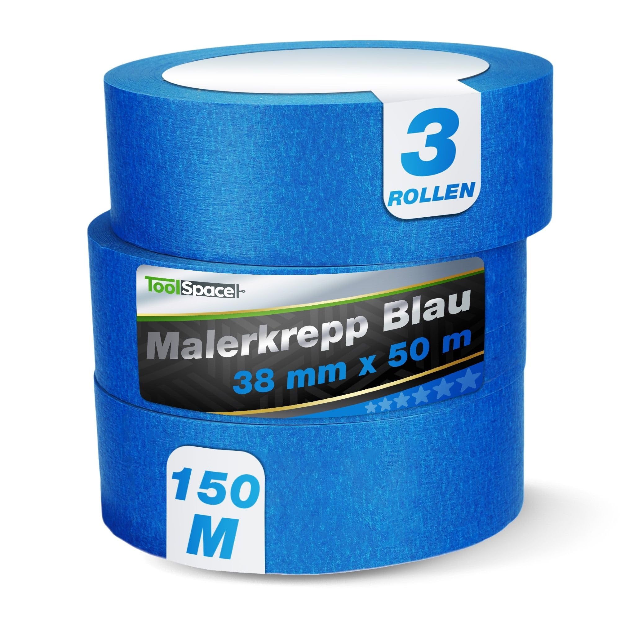 ToolSpace Crepe Tape - Blue Painter's Tape Set - Professional Painter's Tape for Renovation Work - Masking Tape for Painting - Solvent Free 38mm / 50m Roll Set of 3 150m