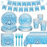 AWLZJZQA Snowflake Plates And Napkins Serve 24 Guests Frozen Party Birthday Decorations Frozen Party Supplies Blue Winter Wonderland Plates Disposable Dinnerware Sets for Holiday