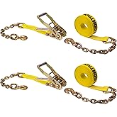 US Cargo Control Chain Ratchet Straps 2 Inch x 27 Foot (2-Pack), 10,000 LBS Break Strength, Heavy Duty Ratchet Straps with Chains Ends & Grab Hooks, Heavy Equipment Tie-Downs, Tractor Tie Downs