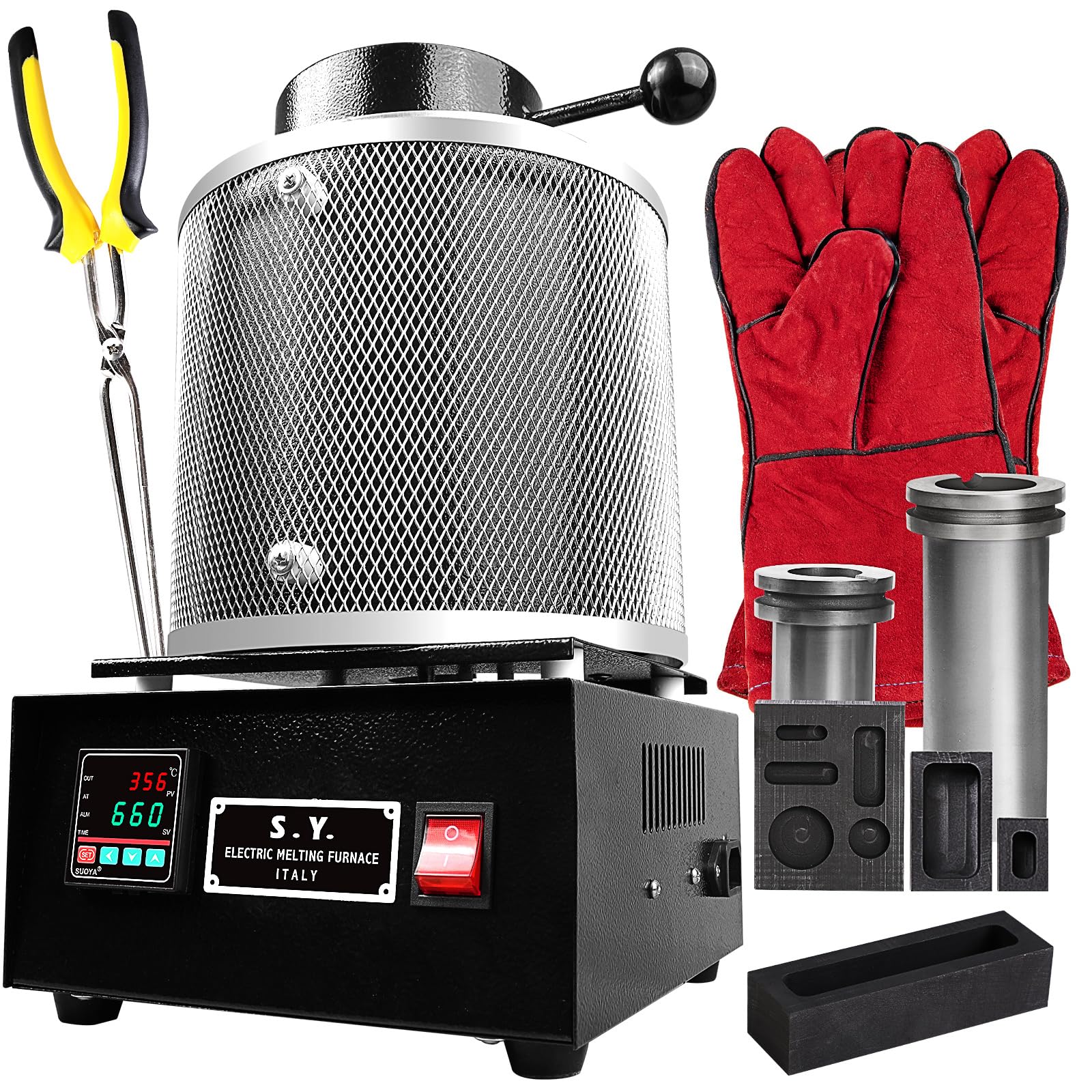 1+3kg Metal Melting Furnace, Digital Electric Melting Furnace, Electric Melting Furnace with Graphite Crucible, Casting and Refining Kiln Tools for Gold, Silver, Copper, and Aluminum Smelters (110v)