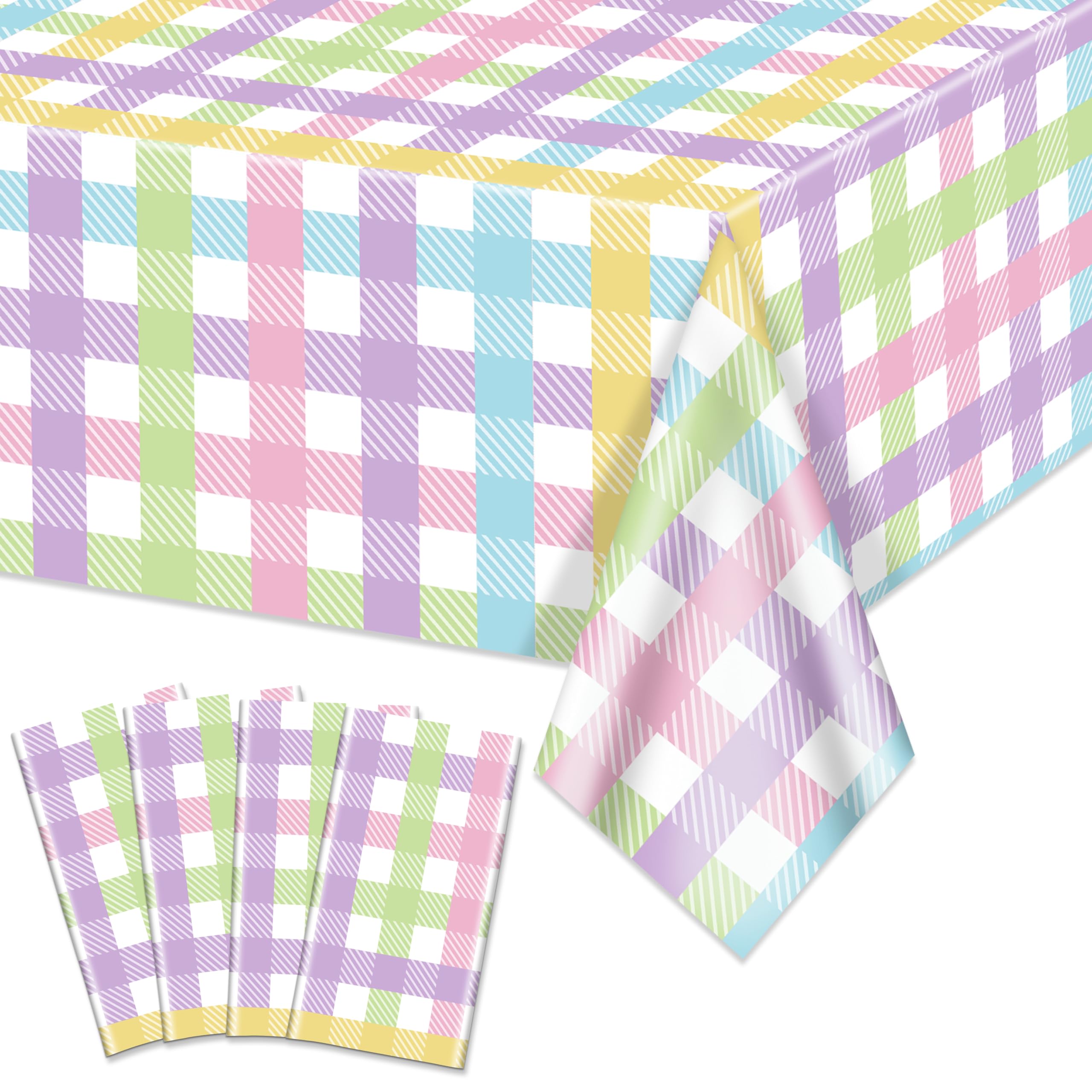 4Pcs Pastel Tablecloths 54"x86" Spring Easter Pastel Plaid Tablecloths Gradient Colorful Checkered Rainbow Plastic Table Cover for Rainbow Easter Birthday Bachelorette Engagement Theme Picnic Party