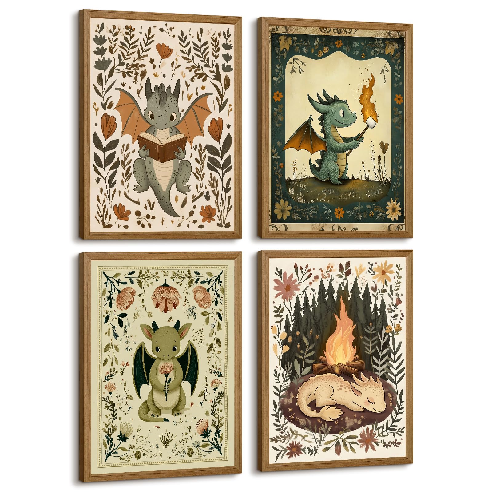 Photo 1 of Vintage Nursery Dragon Wall Art Baby Boy Room Canvas Wall Decor Whimsical Dinosaur Flower Poster Nursery Cute Dragon Pictures Fantasy Prints Painting for Girls Bedroom Kids Room 12x16 Inch Framed 4Pcs