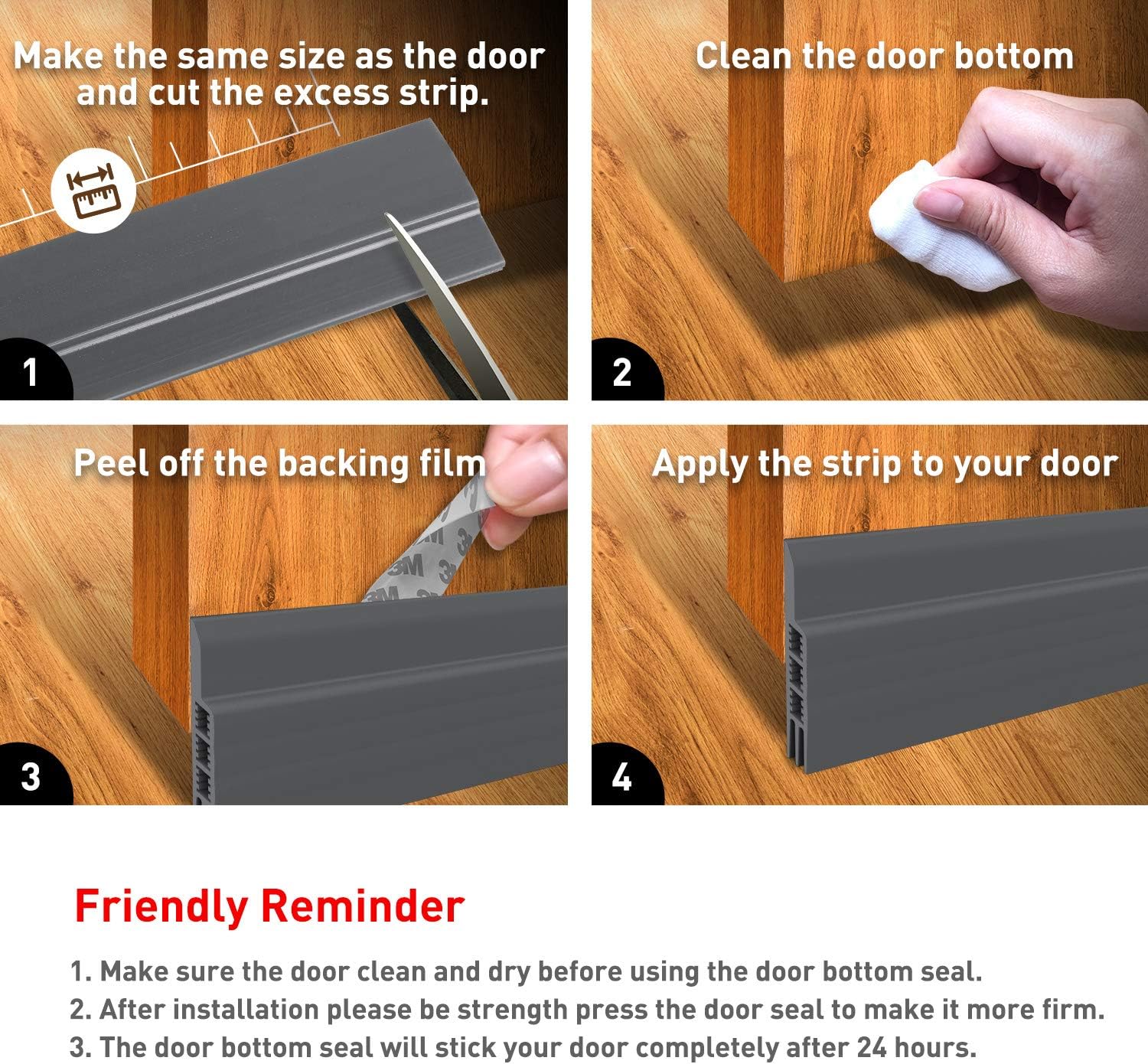 Holikme Door Draft Stopper Under Door Draft Blocker Insulator Door Sweep Weather Stripping Noise Stopper Strong Adhesive 38" Length Grey - - 