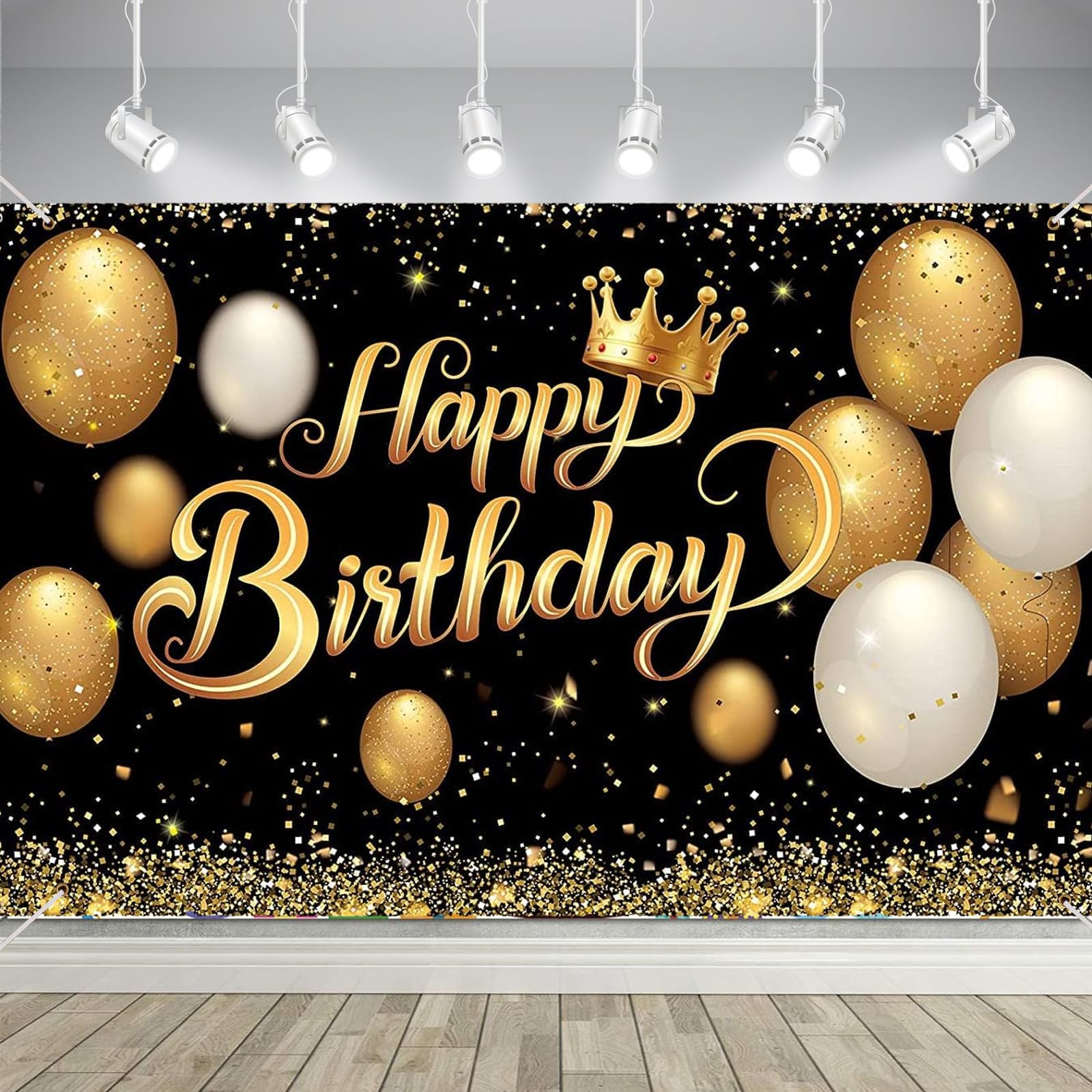 Happy Birthday Backdrop Banner,180 X 115 cm Boys Girls Birthday Photo Backdrop Backgroud,Black Gold Glitter Sign Poster Background Banners with Ribbon Rope for Anniversary Party Supplies Decorations