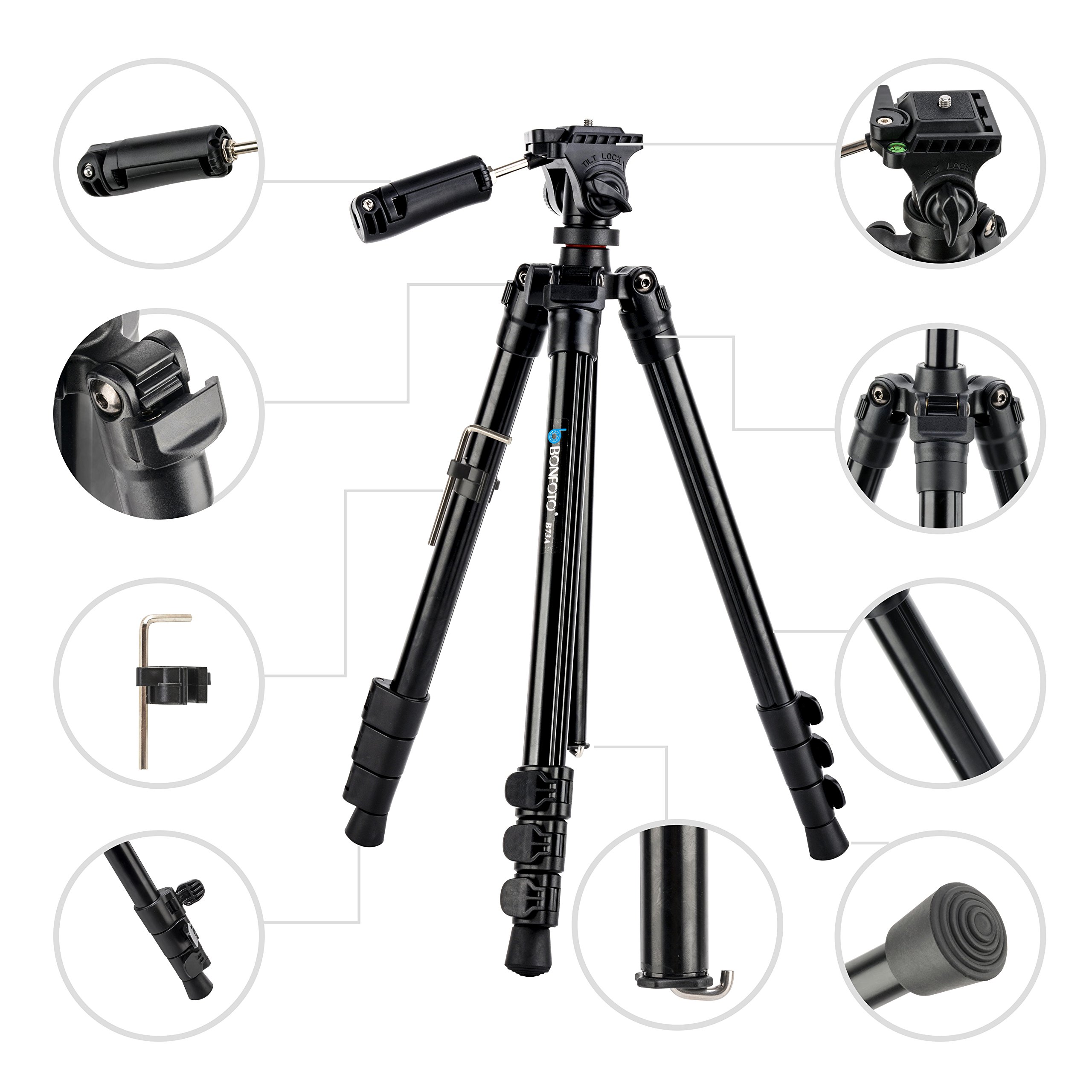 BONFOTO B73A 58” Portable Aluminum Alloy Lightweight Camera Travel Tripod and Monopod with Panorama Pan Head,Quick Release Plate and Carry Bag for Smartphones and Most DSLR Cameras with 1/4\