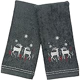 Serafina Home Holiday Christmas Bath Hand Towels: Seasonal Noble Reindeer Buck Deer Design, Gray Silver Red White, Set of 2, 100% Cotton