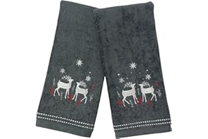Serafina Home Holiday Christmas Bath Hand Towels: Seasonal Noble Reindeer Buck Deer Design, Gray Silver Red White, Set of 2, 100% Cotton