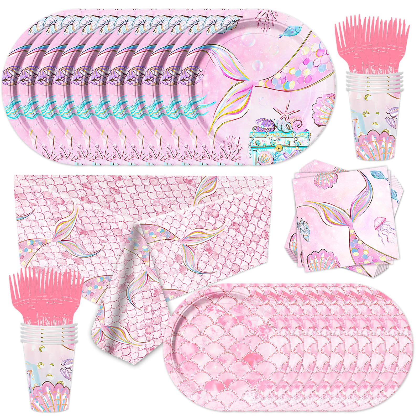 Photo 1 of 101pcs Mermaid Party Supplies Birthday Decorations Tableware Set Disposable Paper Plates, Napkins, Cups, Cutlery, Tablecloth, For Girls Mermaid Theme Birthday Decorations