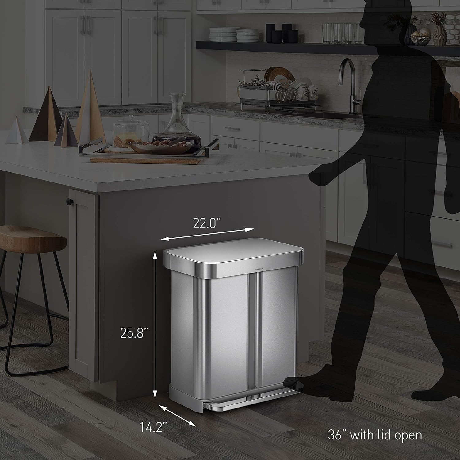 simplehuman 58 Liter Rectangular Hands-Free Dual Compartment Recycling Kitchen Step Trash Can with Soft-Close Lid, Brushed Stainless Steel: Home & Kitchen