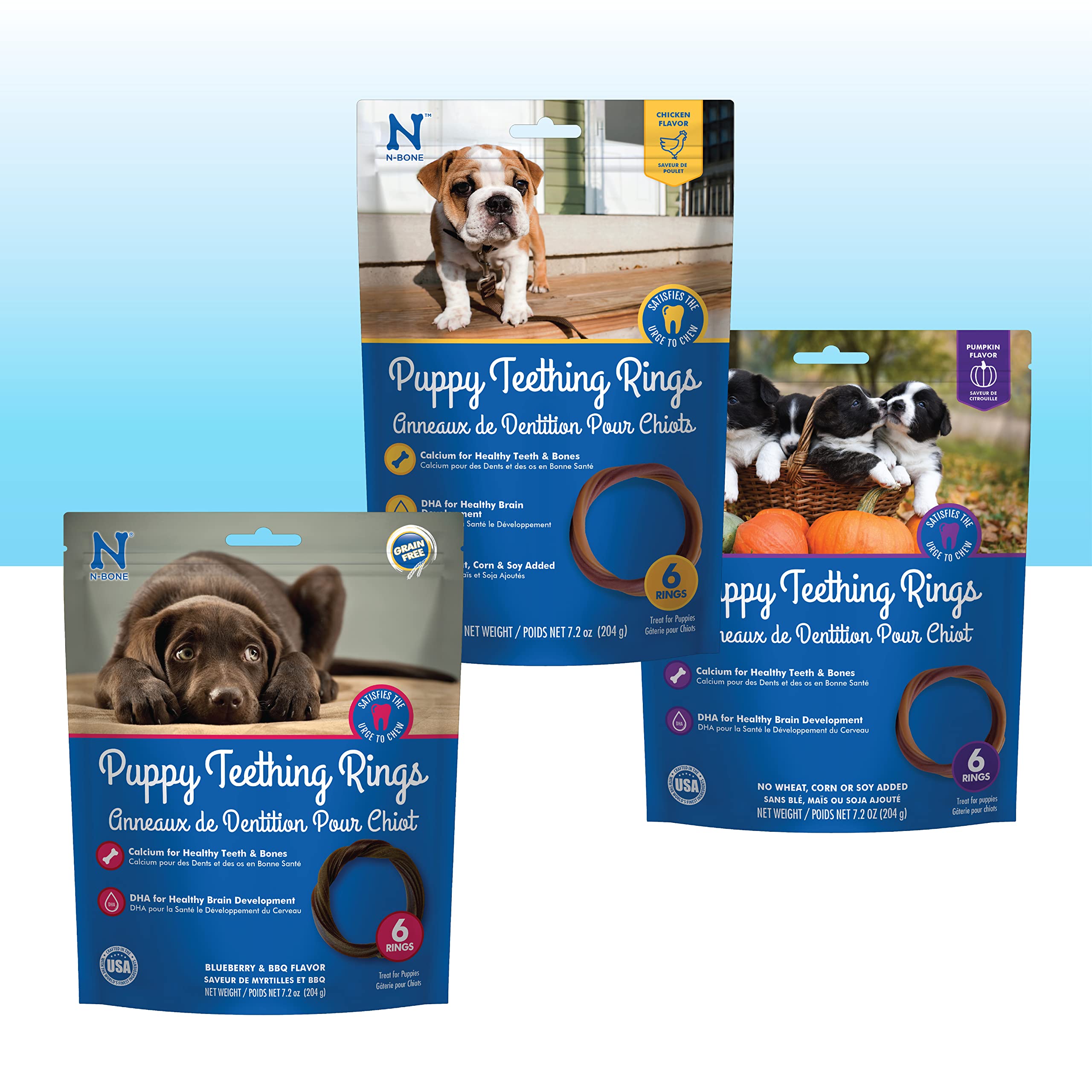 Photo 1 of  4/26 N-Bone Puppy Teething Rings 6 Count Bag Variety Pack, Chicken & Pumpkin & Blueberry BBQ Flavor, Total 3 Bags, 21.6-oz, 18 Rings