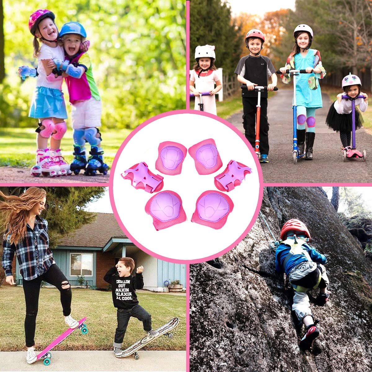 eNilecor Kid\'s Knee Pads Elbow Pads Wrist Guards for Skateboarding Cycling Inline Skating Roller Blading Protective Gear Pack of 6 (Purple/Pink)