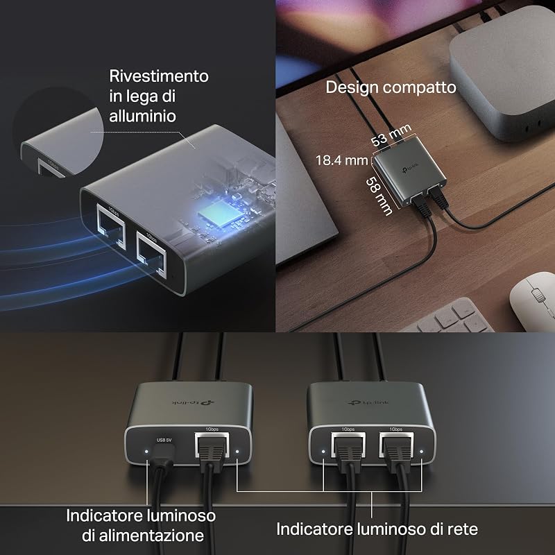 EH210 Sdoppiatore Ethernet Gigabit, Velocità Gigabit 1000 Mbps da 1 a 2, Compatibile con Cavi Ethernet di Cat 8/7/6/5e/5, Involucro in Leghe di Alluminio, Plug&Play