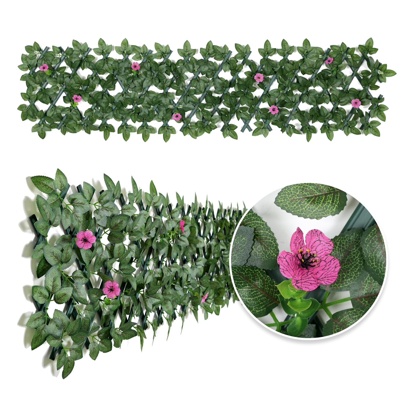Expanding Garden Trellis Panels Expandable Garden Fence Screening with Flower | Expandable Fence Privacy Screen | Faux Ivy Privacy Screen | Garden Greenery | Balcony - 200x30cm (Rose Pink Flower)
