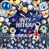 Outer Space Theme Birthday Party Decorations - Galaxy Party Supplies : Happy Birthday Backdrop, Tablecloth, Rocket ，Astronaut Balloons and Multi-color Balloons .Caketopper for Kids Boys