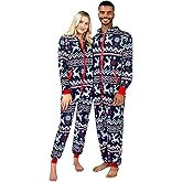 Giggling Getup Matching Pajamas for Couples, Christmas Pajamas for Women and Men, Nordic Reindeer Pattern Hooded Jumpsuits
