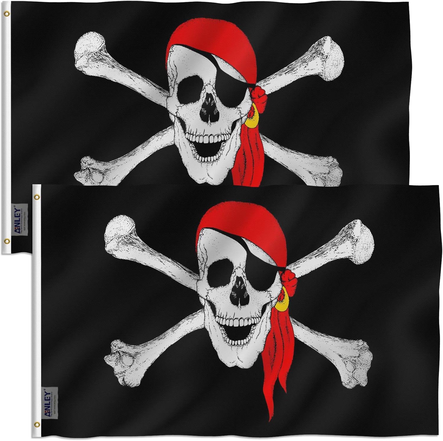 ANLEY Pack of 2 Fly Breeze 3x5 Foot Jolly Roger Flag with Red Bandana, Vivid Color and UV Fade Resistant