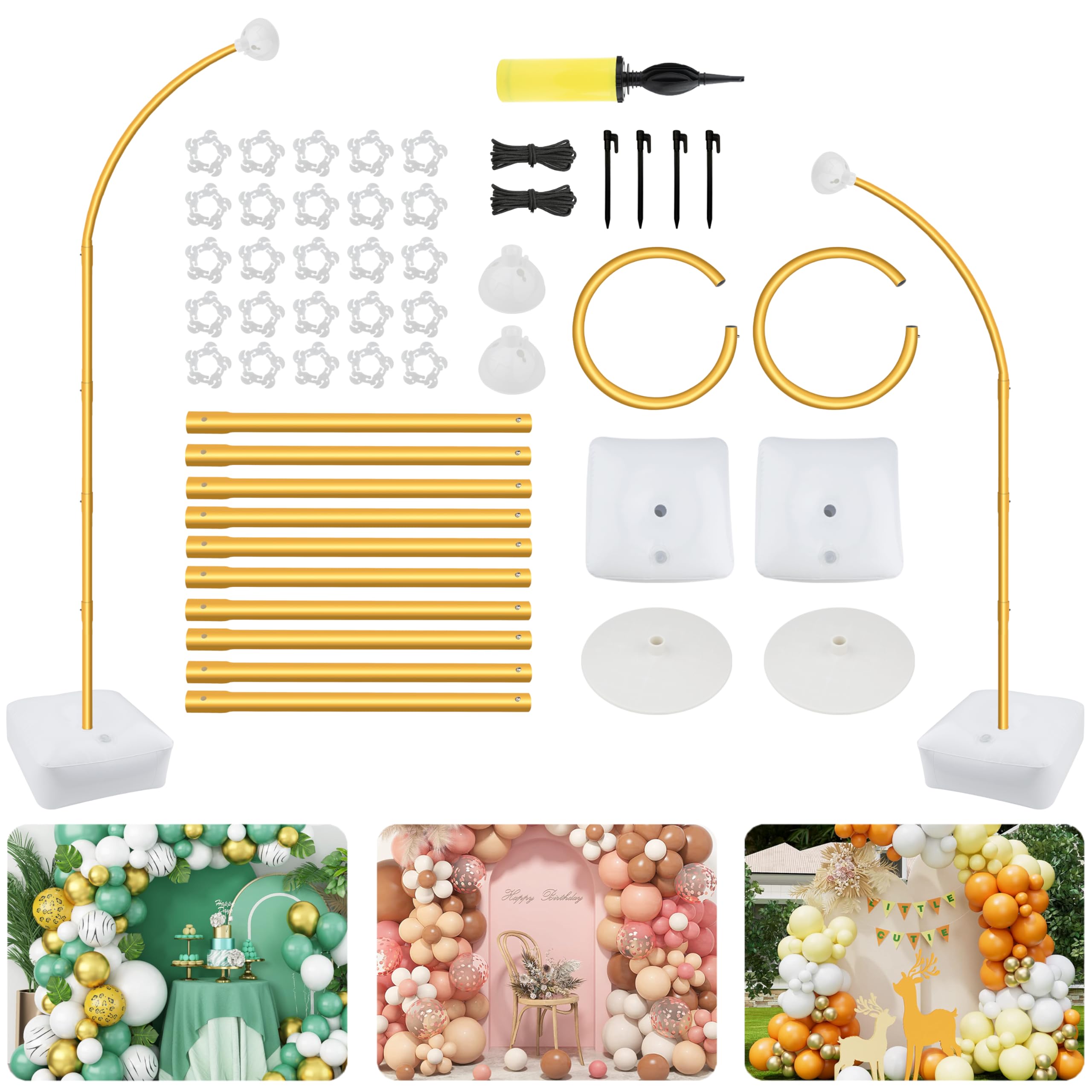 Photo 1 of Balloon Arch Stand Kit 8.3FT & 6.4FT - Free Bending Top Half Arch Stand with Heavy Base, Extra-Long Balloon Frame for Floor/Wall Decor, Birthday Wedding Party (Golden) (Golden)