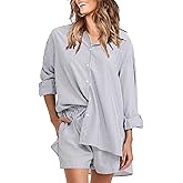 EXLURA Women's Summer 2 Piece Sets Long Sleeve Button Down Shirts Matching Short Sets Beach Vacation Cruise Outfits 2026