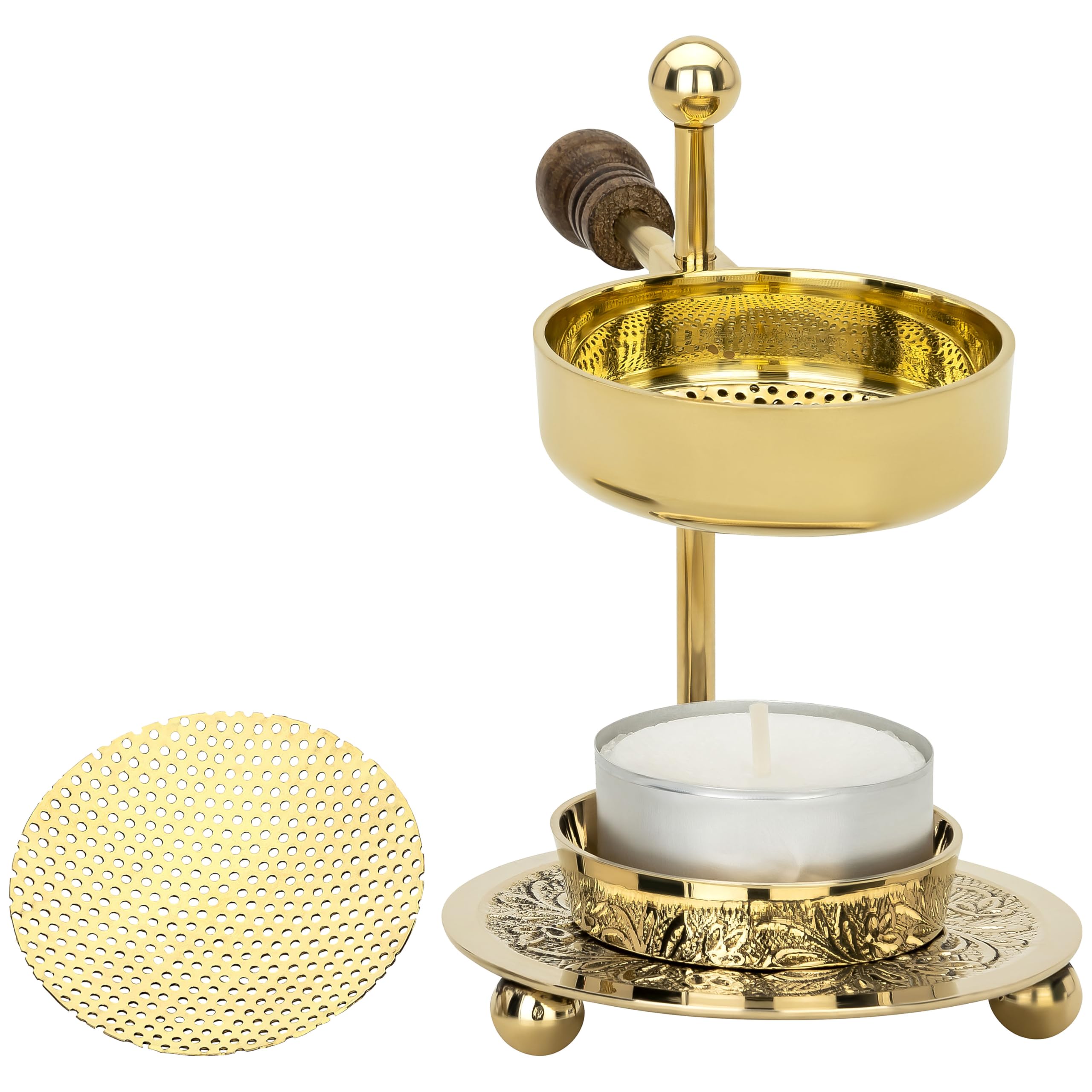 Incense Warmer with Wooden Handle and Strainer. Made of Brass Gold [Handmade, Adjustable Height 11 cm] Adjustable Incense Burner for Gentle Smoking with Tea Light (Included)