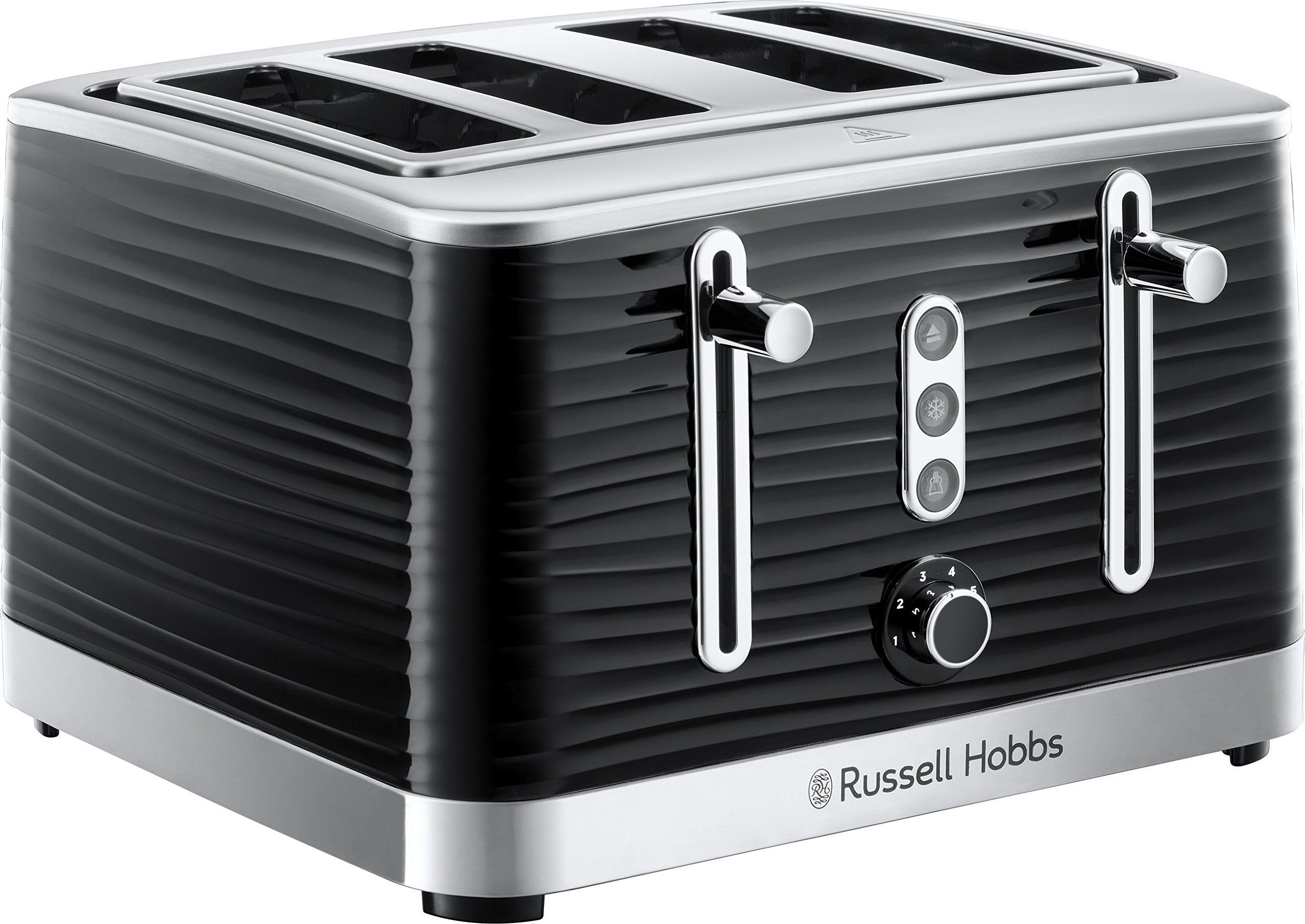 Russell Hobbs Inspire 4 Slice Toaster (Extra wide slots, High lift feature, 6 Browning levels, Frozen/Cancel/Reheat function with Blue LED illumination, 1800W, Black textured high gloss) 24381
