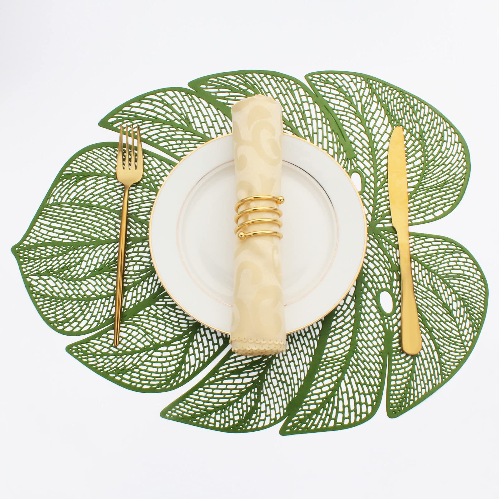 Photo 1 of Evevda Green Leaf Shaped Vinyl Placemats for Dinner Table Set of 6 Metallic Plastic Green Place Mats Wipeable 6Pcs Table Mats for Wedding Annersary Dinner Table Decoration Mats(17.7x13.8inch/45x35cm)
