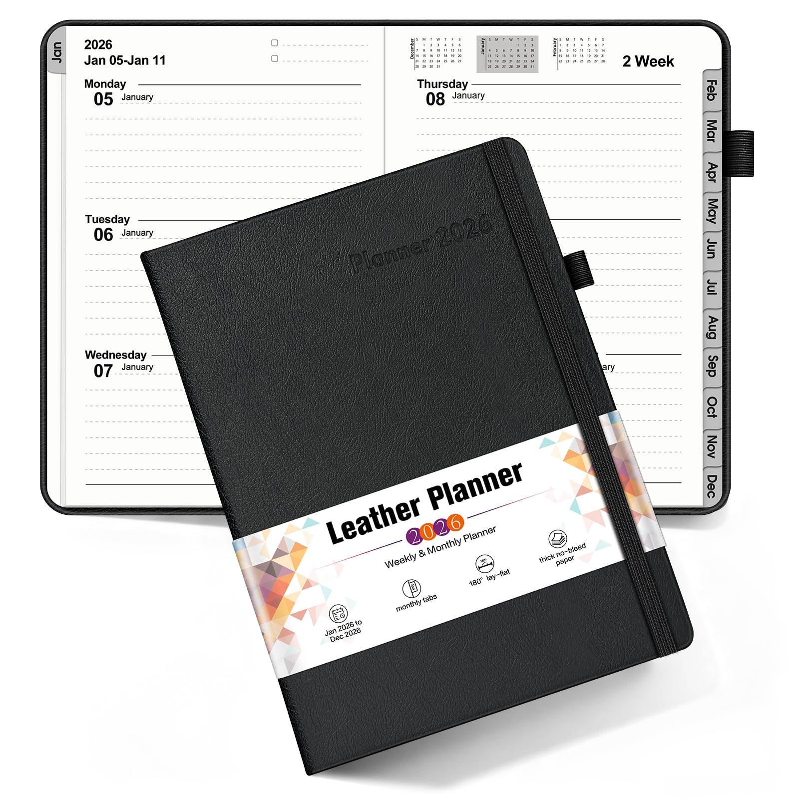 Photo 1 of 2026 Weekly & Monthly Planner, 12 Months Hardcover Planner from January 2026 - December 2026, Leather Agenda Organizer Book 2026 with Tabs, Daily Calendar Planners for Work School Home, A5 (5.75" x 8.38"), Black