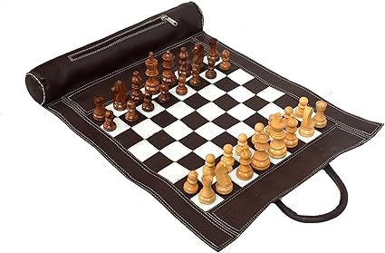 Wigano 19X15 Vintage Leather Chess Set with 3 King Size Chess Pieces and Roll-Up Attachable Vinyl Leather Chess Bag (Brown)
