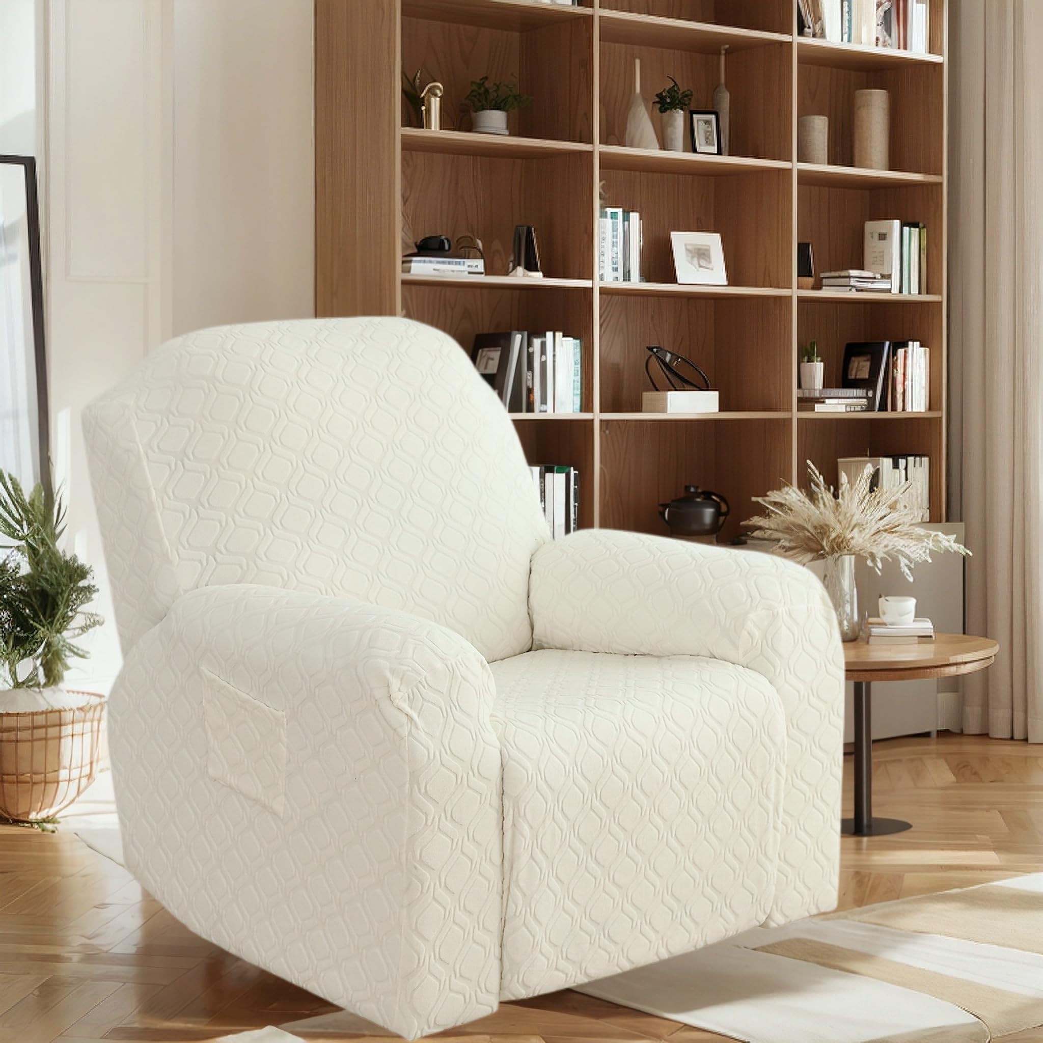 OKUYUK Recliner Chair Cover, 4-Pieces Stretch Recliner Covers for Recliner Chair Soft Reclining Chair Slipcover Furniture Protector for Dogs Cats (White, 1 Seater)