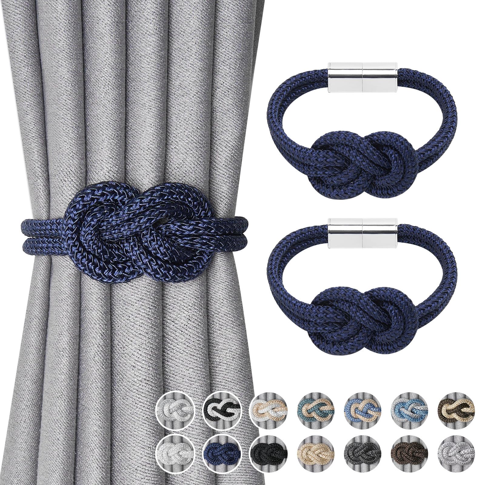 Pretty Jolly 2 Pack Mini Magnetic Curtain Tiebacks Nordic Simple Style Drape Tie Backs Elegant Hand Weave Rope Knot Decorative Curtain Holdbacks for Home & Office Window Drapery (Dark Blue)