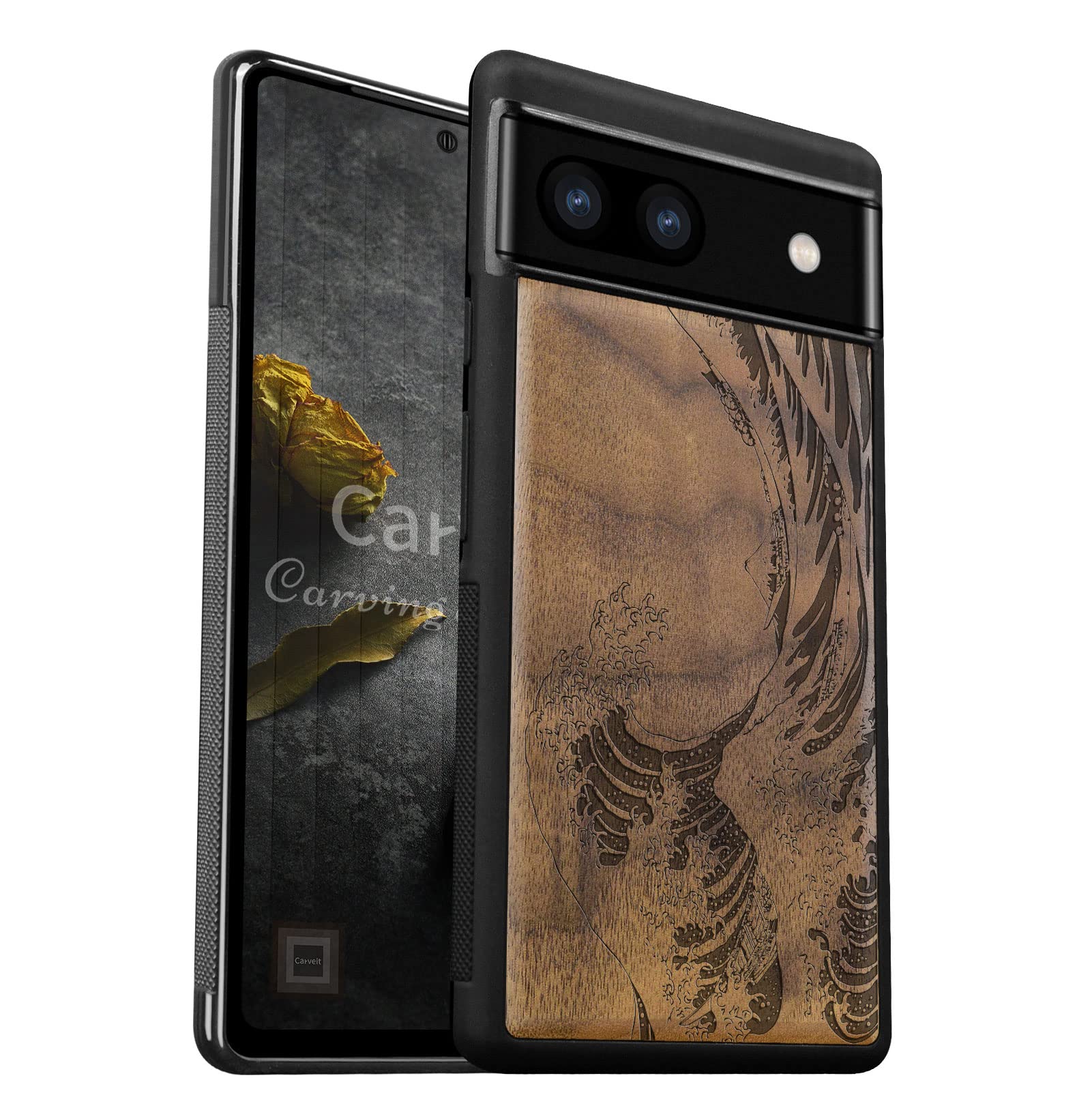 Carveit Luxury Case for Google Pixel 6a Phone Cover [Classic Art Collection laser engraving art pattern] Shockproof TPU Bumper Compatible with Pixel 6a Case (The Great Wave Off Kanagawa-Walnut)
