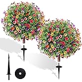 27.5" Artificial Boxwood Topiary Ball Trees with Colorful Flowers, Set of 2 Fake Bushes Shrubs with Ground Spike, UV Resistant Faux Evergreen Tree for Front Porch Outdoor Garden Decor