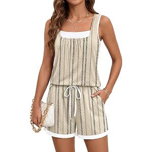 SAUKOLE Two Piece Sets for Women Casual Summer Lounge Short Sets Square Neck Sleeveless Sweatsuit with Pocket